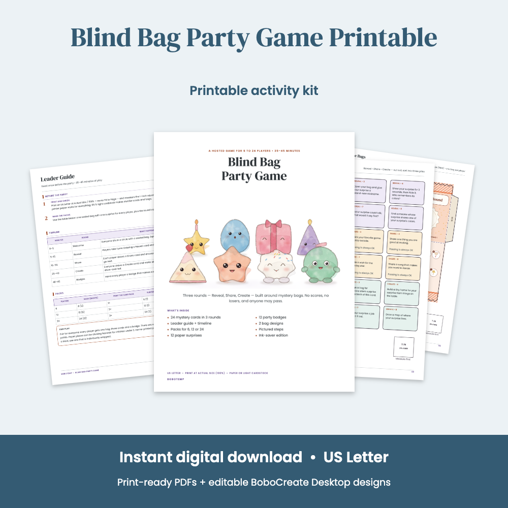 Preview of Blind Bag Party Game Printable — 3-Round Reveal, Share & Create Game for 6–24 Kids