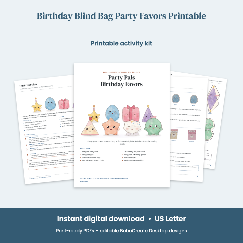 Preview of Birthday Blind Bag Party Favors Printable — Party Pals for 8 to 24 Guests, Name Tags