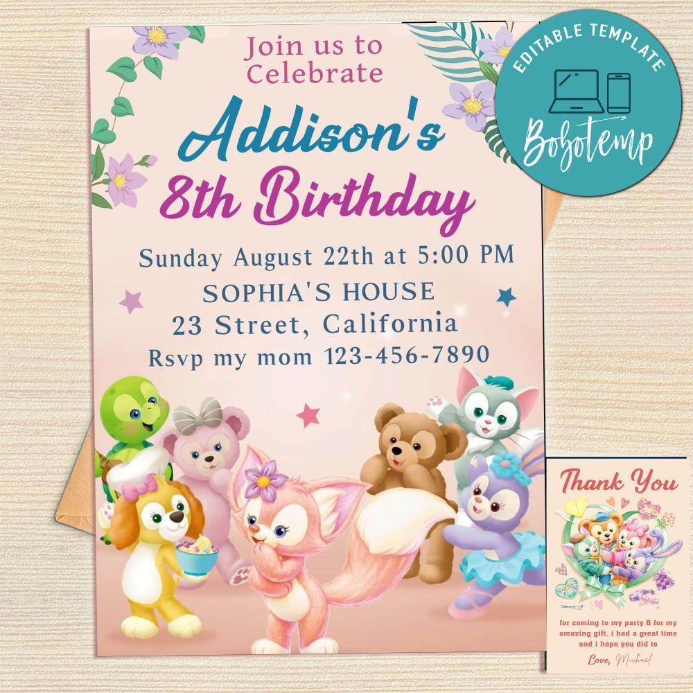 Duffy And Friends Invitation Template Free Thank You Card Printable ...