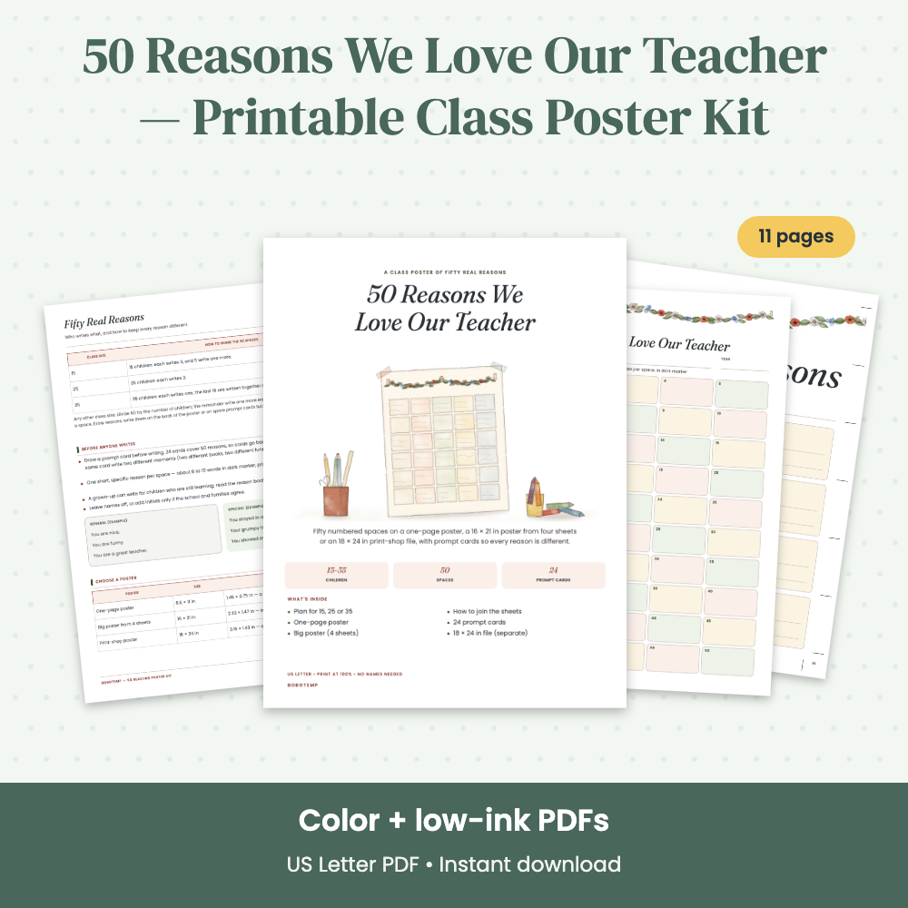 Preview of 50 Reasons We Love Our Teacher — Printable Class Poster Kit