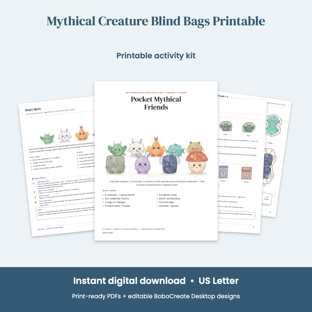 Preview of Mythical Creature Blind Bags Printable — 9 Original Pocket Mythical Friends, Cards & Backdrop