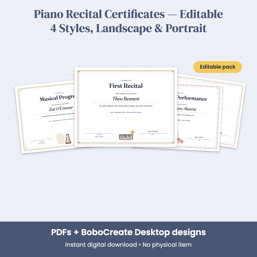 Preview of Piano Recital Certificates — Editable 4 Styles, Landscape & Portrait