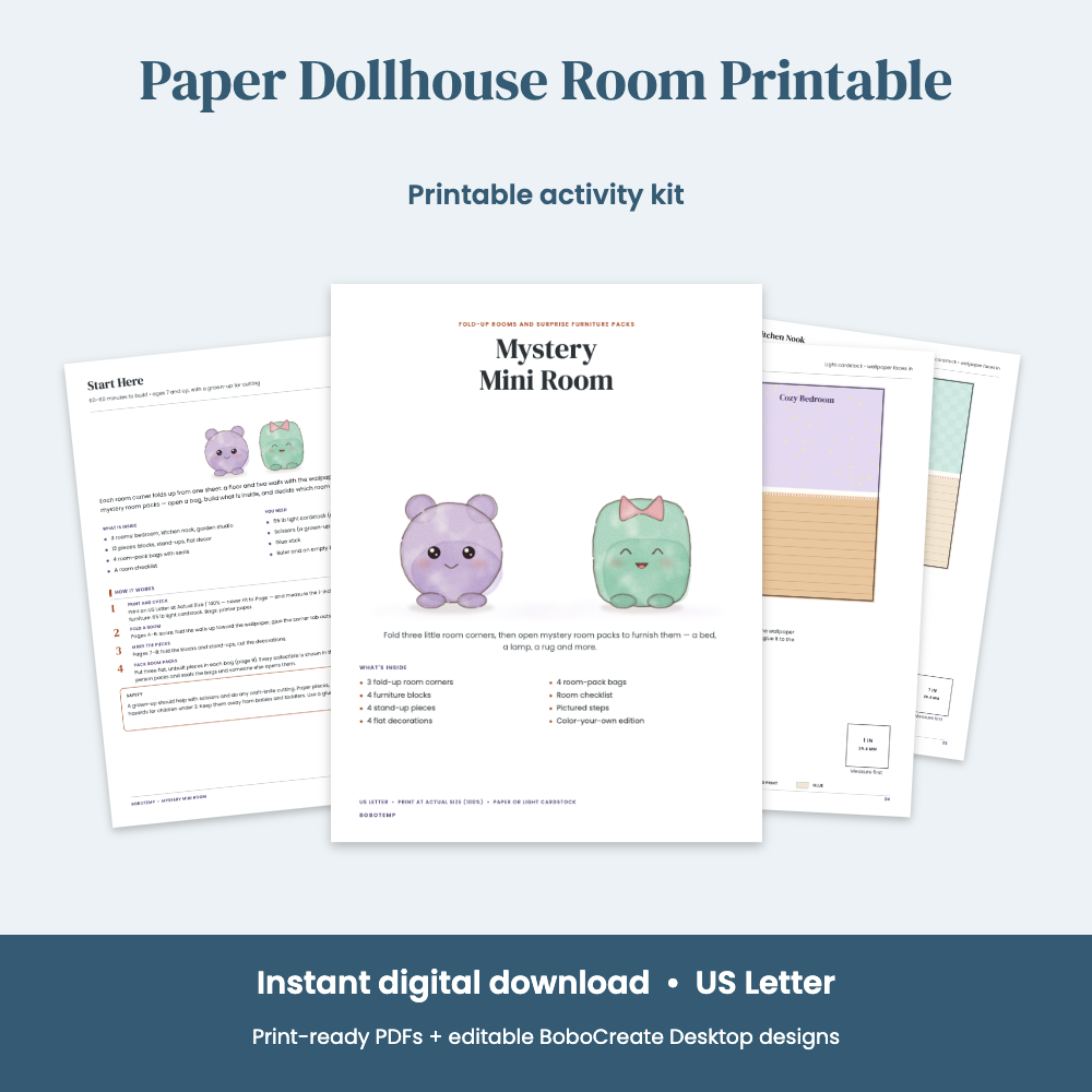 Preview of Paper Dollhouse Room Printable — Mystery Mini Rooms with Fold-Up Furniture Packs