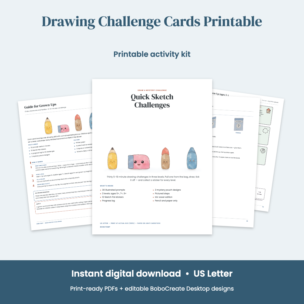 Preview of Drawing Challenge Cards Printable — 30 Quick Sketch Prompts in 3 Levels + Sticker Log