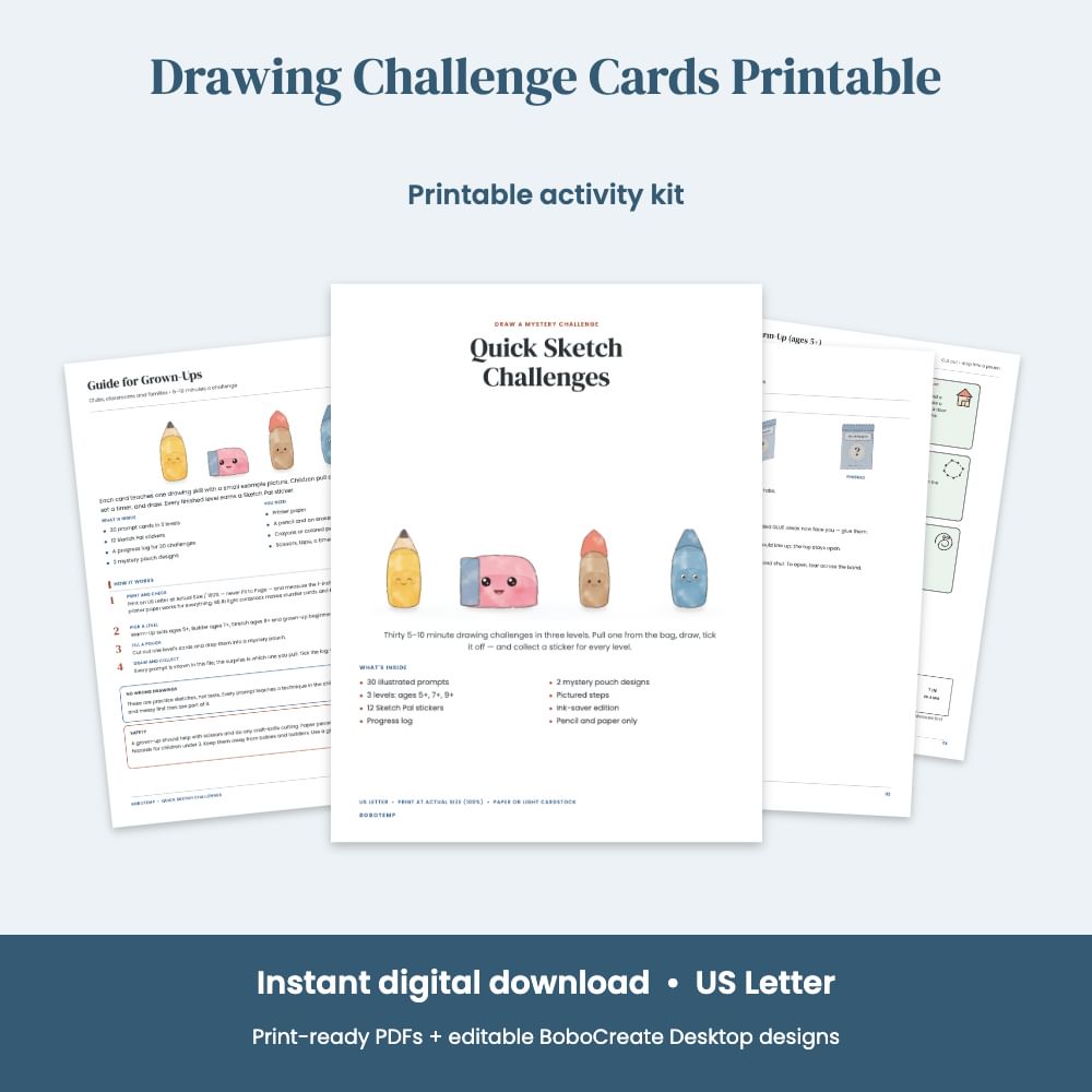 Drawing Challenge Cards Printable — 30 Quick Sketch Prompts in 3 Levels ...