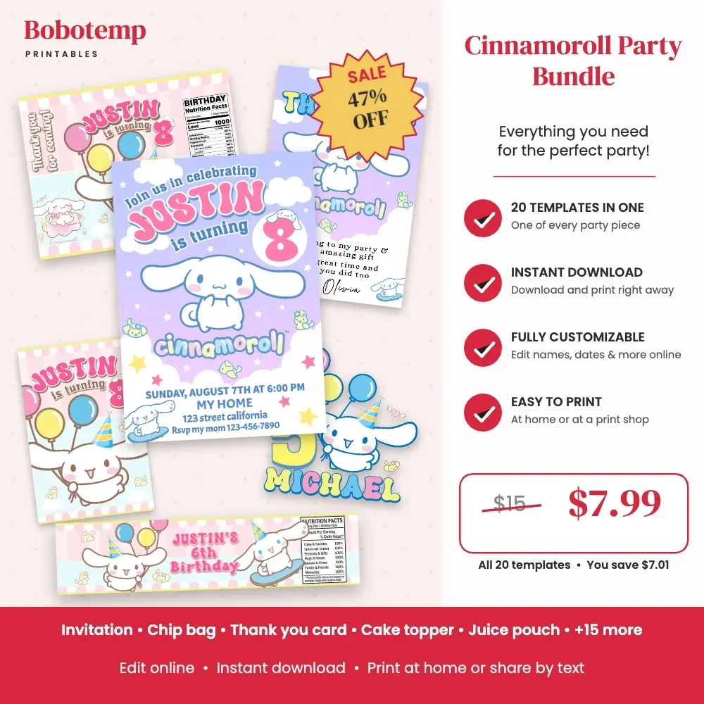 Cinnamoroll Party Bundle – 20 Editable Templates | Bobotemp Shop