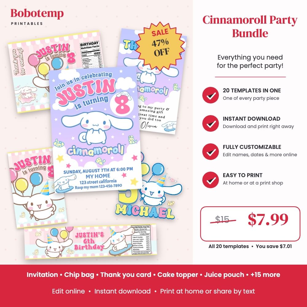 Cinnamoroll Party Bundle – 20 Editable Templates | Bobotemp Shop