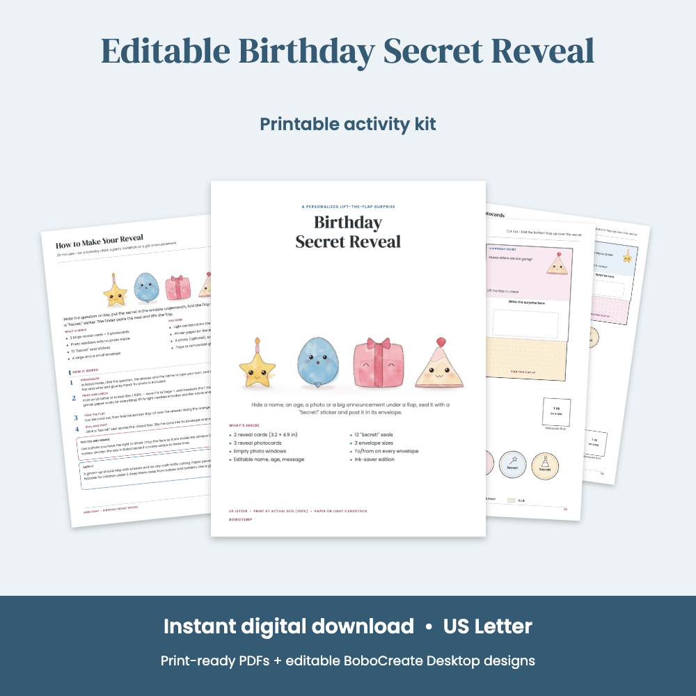 Preview of Editable Birthday Secret Reveal — Lift-the-Flap Name, Age & Photo Reveal Cards + Envelopes