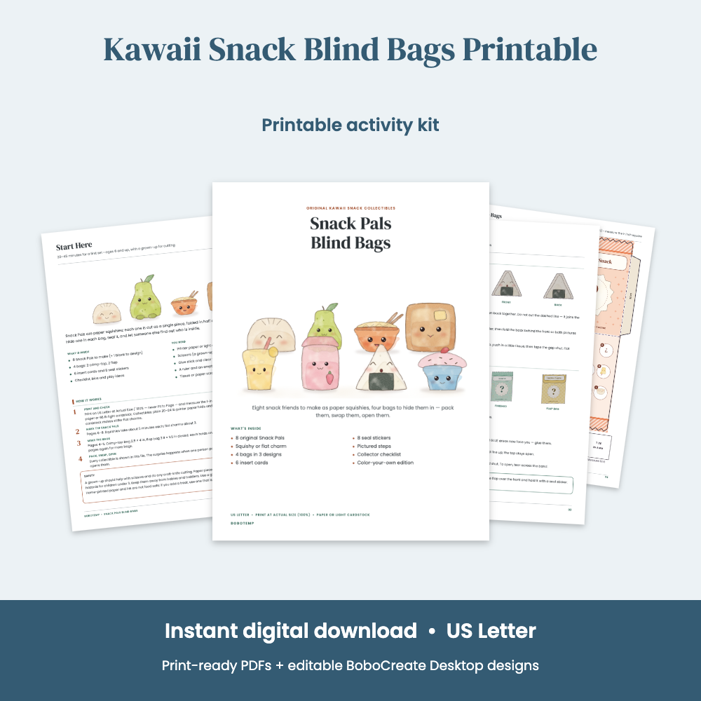 Preview of Kawaii Snack Blind Bags Printable — 8 Paper Squishy Snack Pals, 4 Bags, Checklist