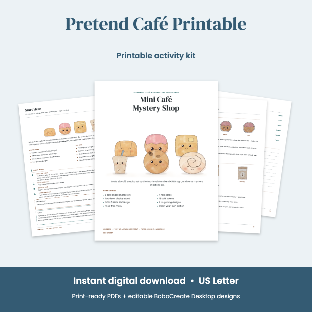 Preview of Pretend Café Printable — Mini Café Mystery Shop with Paper Snacks, Stand & Menu
