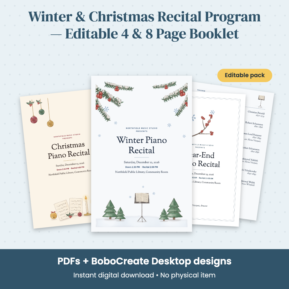 Preview of Winter & Christmas Recital Program — Editable 4 & 8 Page Booklet