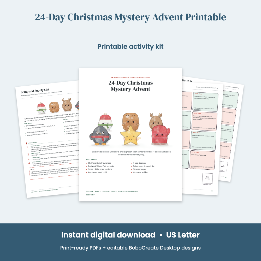 Preview of 24-Day Christmas Mystery Advent Printable — Bags, Daily Surprise Cards & Winter Pals