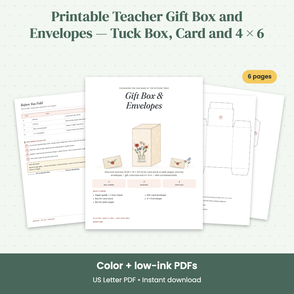 Preview of Printable Teacher Gift Box and Envelopes — Tuck Box, Card and 4 × 6