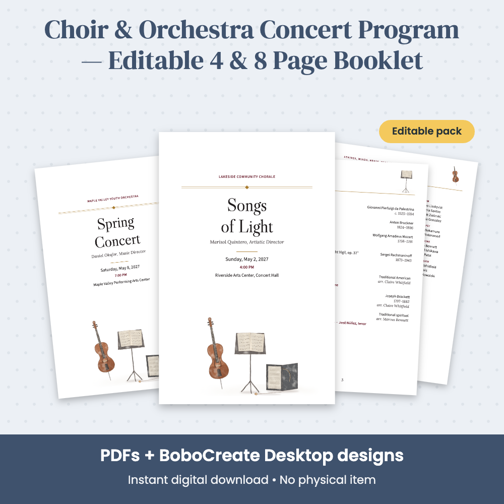 Preview of Choir & Orchestra Concert Program — Editable 4 & 8 Page Booklet