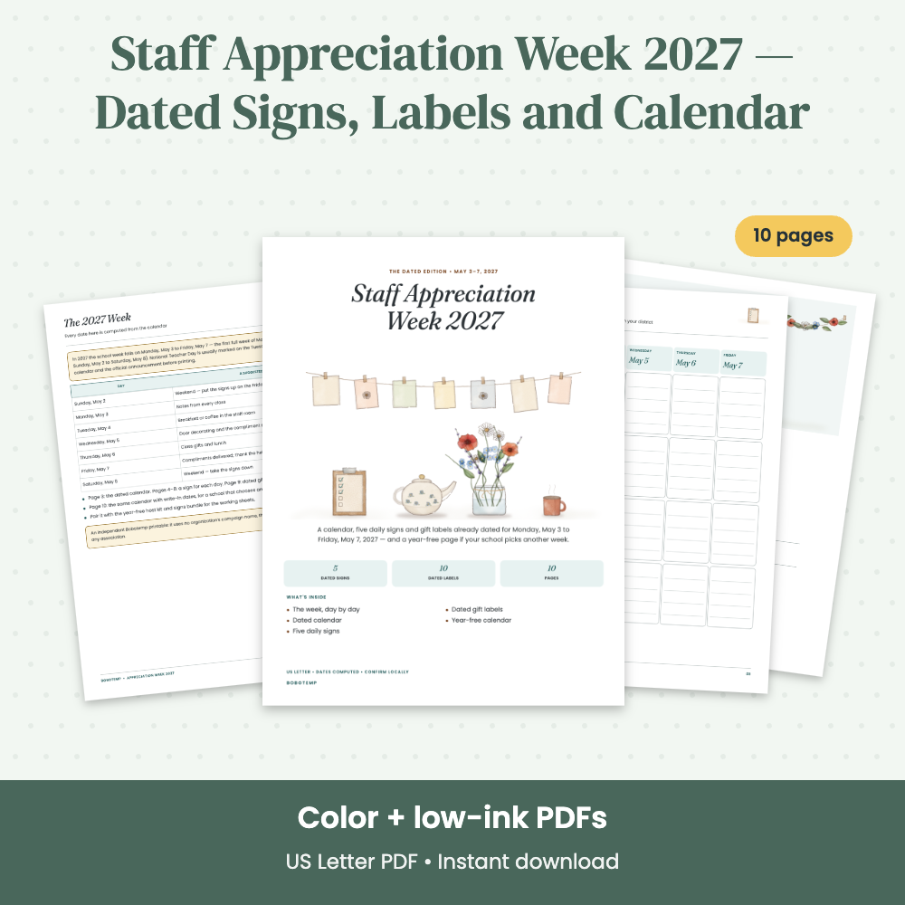 Preview of Staff Appreciation Week 2027 — Dated Signs, Labels and Calendar