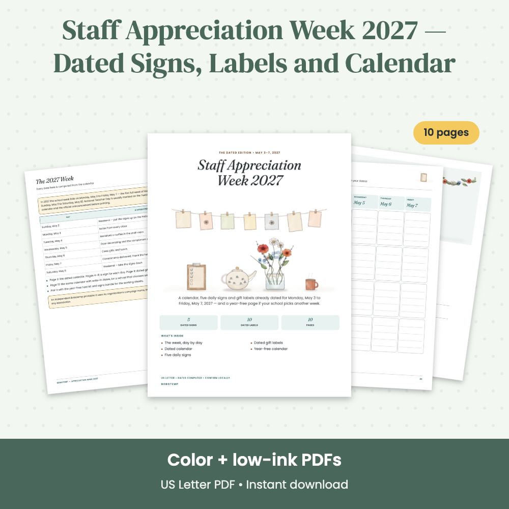 Staff Appreciation Week 2027 — Dated Signs, Labels and Calendar | Bobotemp