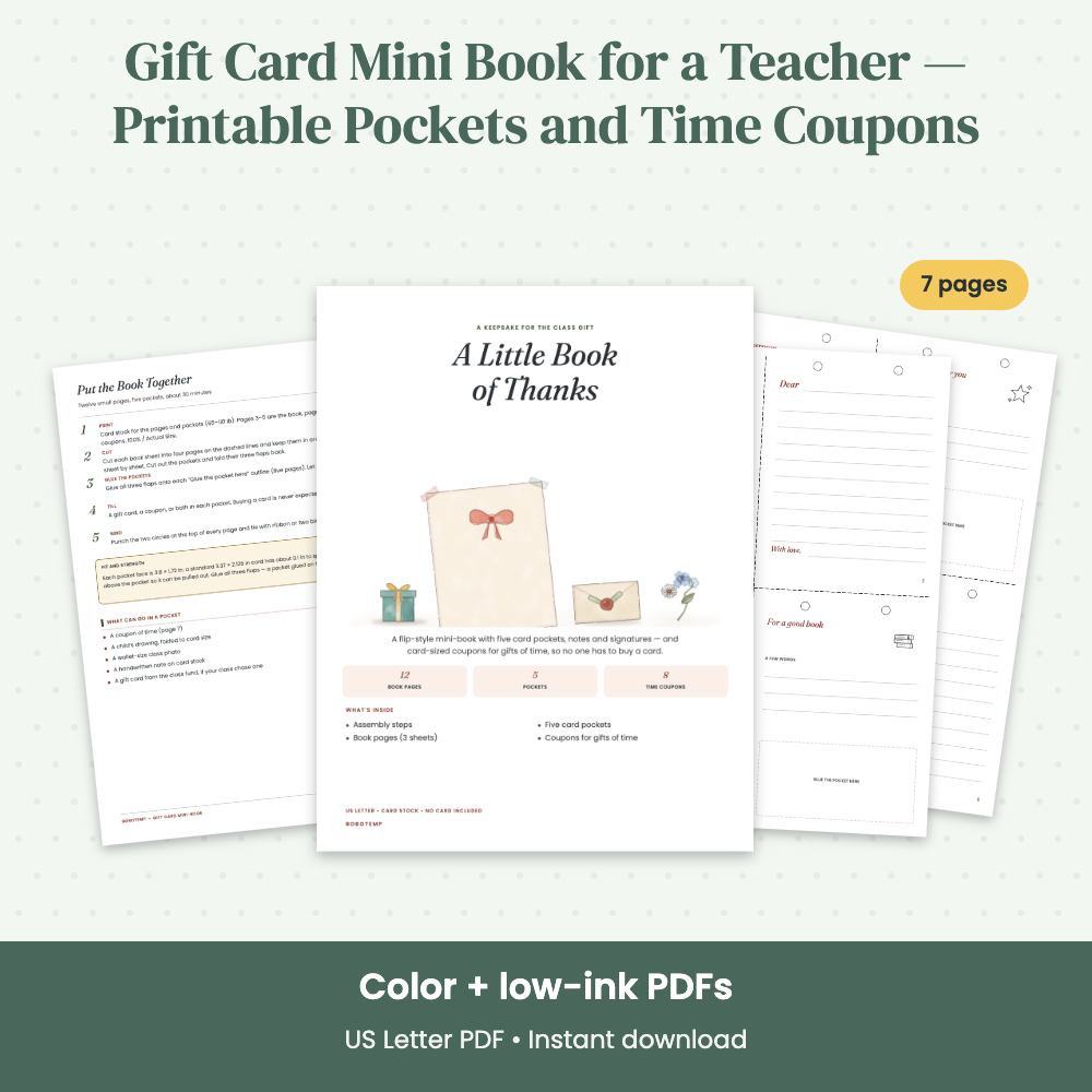 Preview of Gift Card Mini Book for a Teacher — Printable Pockets and Time Coupons
