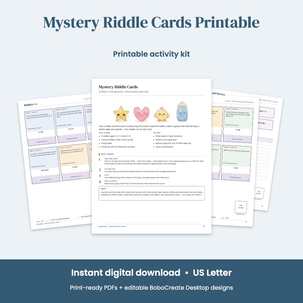 Preview of Mystery Riddle Cards Printable — 12 Lift-the-Flap Riddles for Blind Bags, Ages 5–10