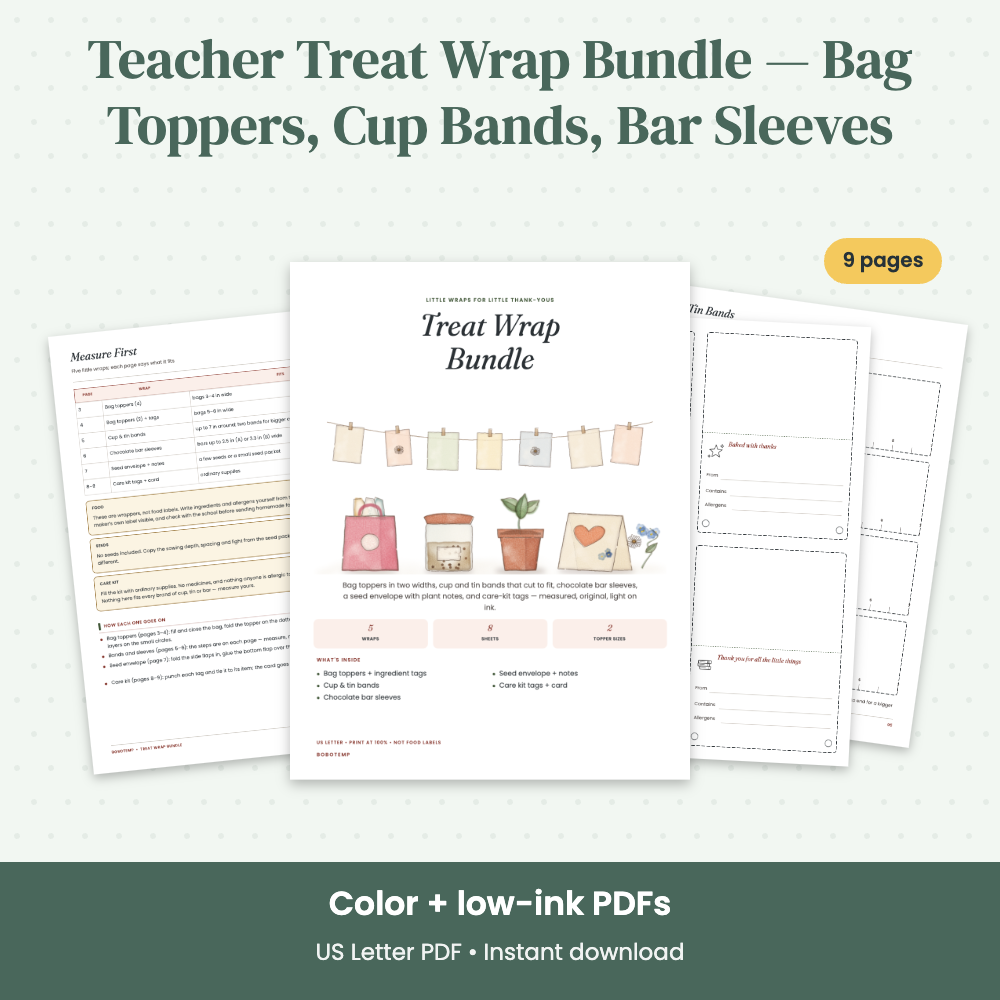 Preview of Teacher Treat Wrap Bundle — Bag Toppers, Cup Bands, Bar Sleeves
