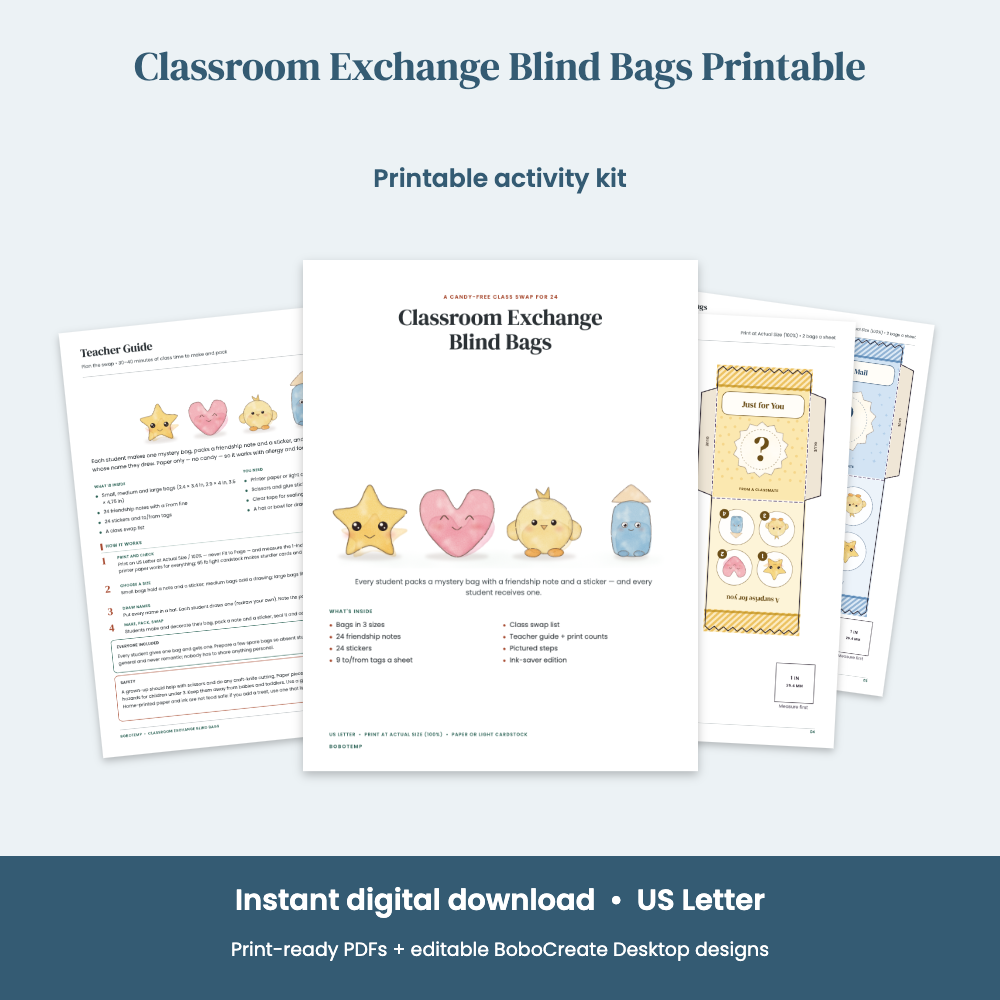 Preview of Classroom Exchange Blind Bags Printable — Food-Free Class Swap for 24, Notes & Stickers