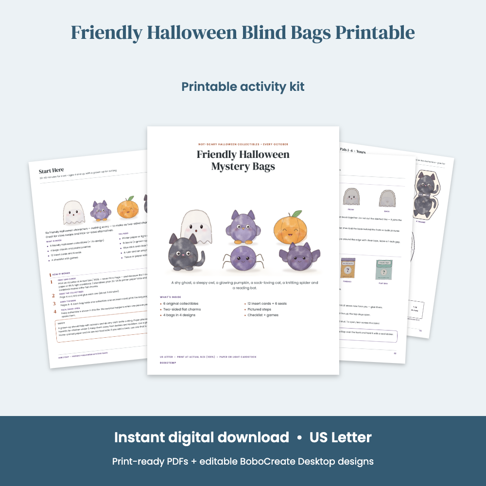 Preview of Friendly Halloween Blind Bags Printable — 6 Not-Scary Collectibles, Bags & Checklist